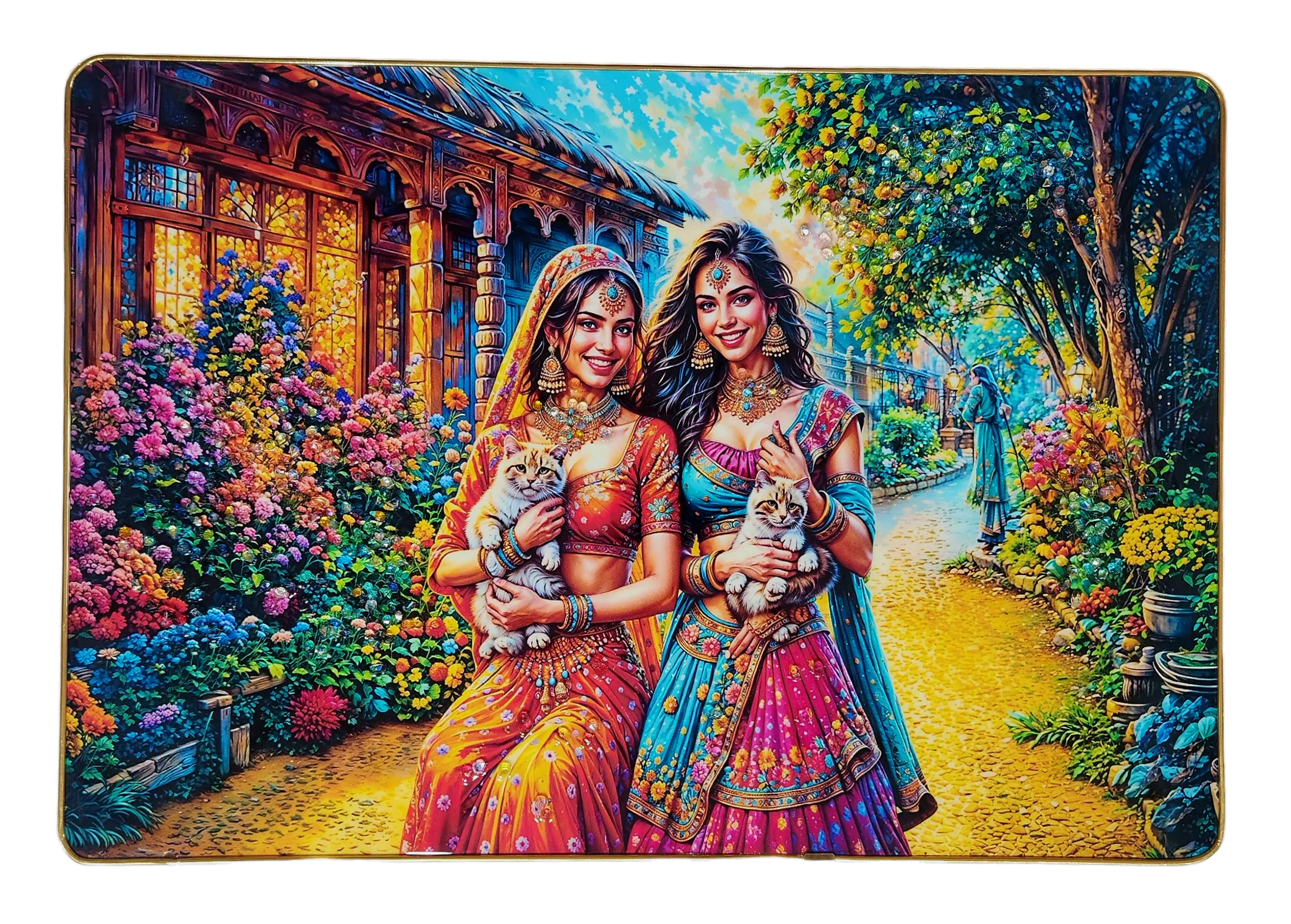 Premium Epoxy Glossy Crystal Rajasthani Women with Kittens Painting | Traditional Indian Village Garden Wall Art with Gold Slim Frame | Home & Living Room Décor | 18 x 12 Inches