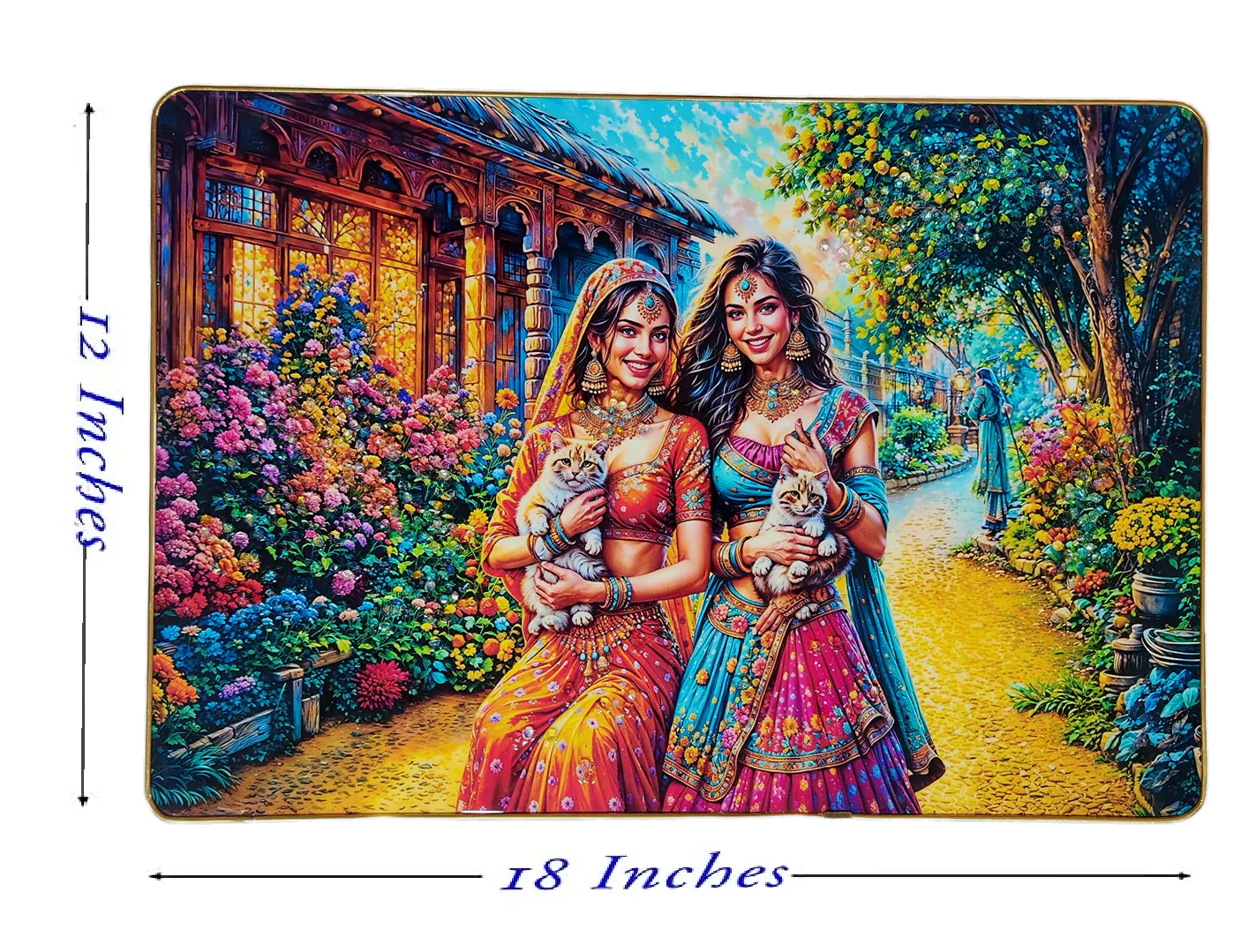 Premium Epoxy Glossy Crystal Rajasthani Women with Kittens Painting | Traditional Indian Village Garden Wall Art with Gold Slim Frame | Home & Living Room Décor | 18 x 12 Inches - Image 6