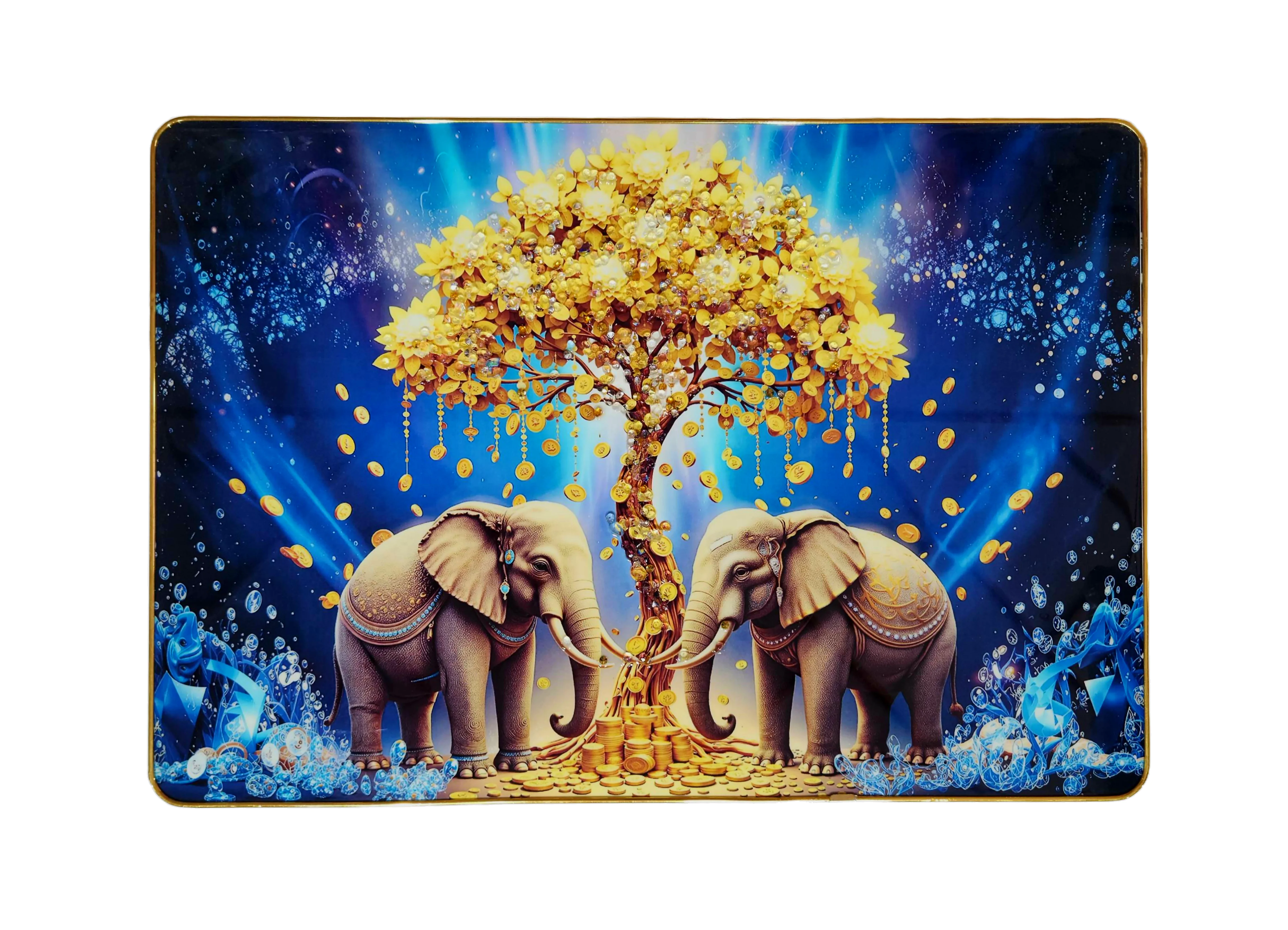Premium Epoxy Glossy Crystal Elephant & Money Tree Painting with Gold Slim Frame | Luxury 3D Prosperity Wall Art for Home, Office & Living Room | Ready to Hang | 12 x 18 Inches