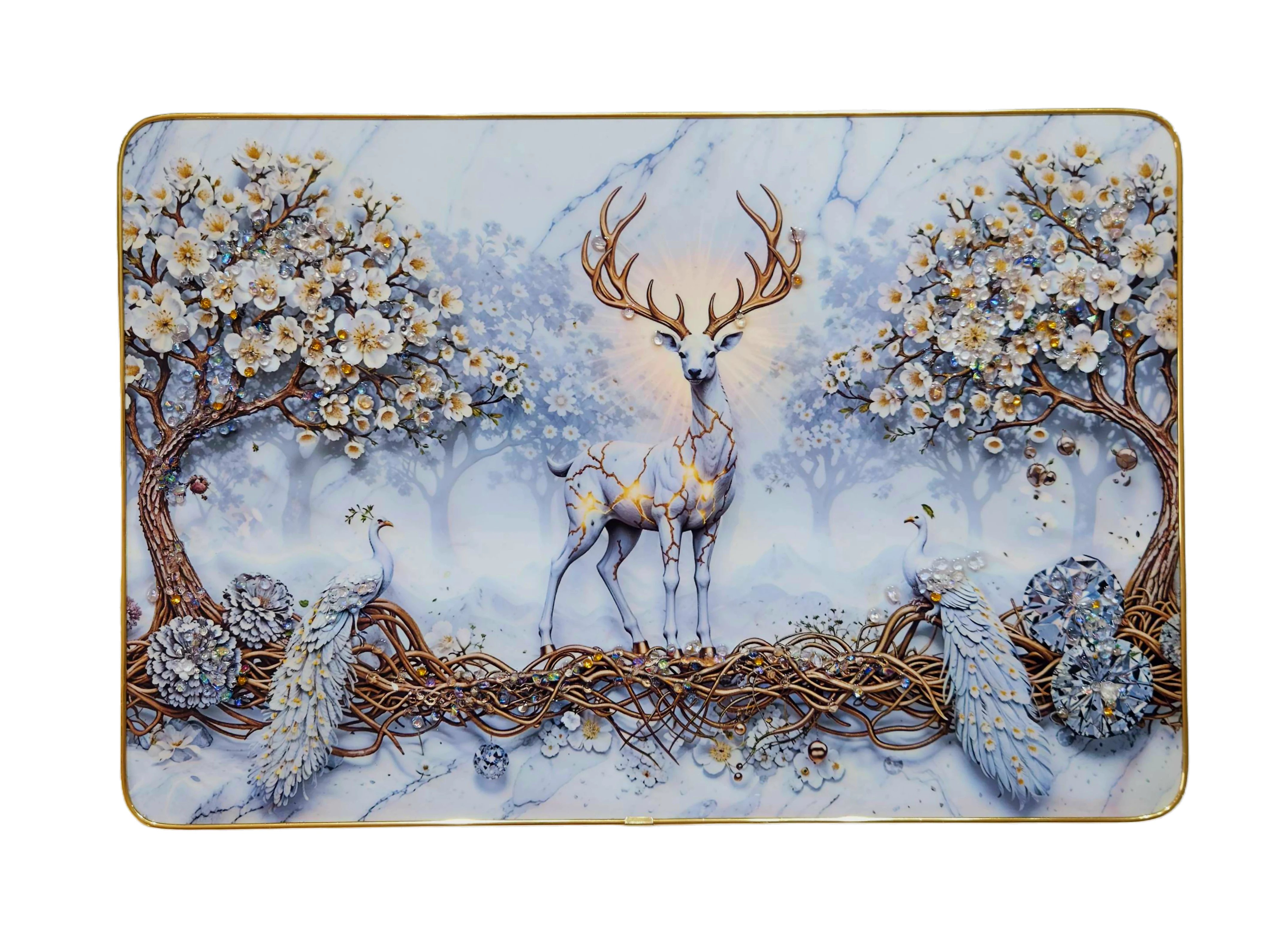 Premium Epoxy Glossy Crystal Deer & Peacock Painting with Gold Slim Frame | Luxury Nature & Wildlife Wall Art for Home, Office & Living Room | Ready to Hang | 12 x 18 Inches