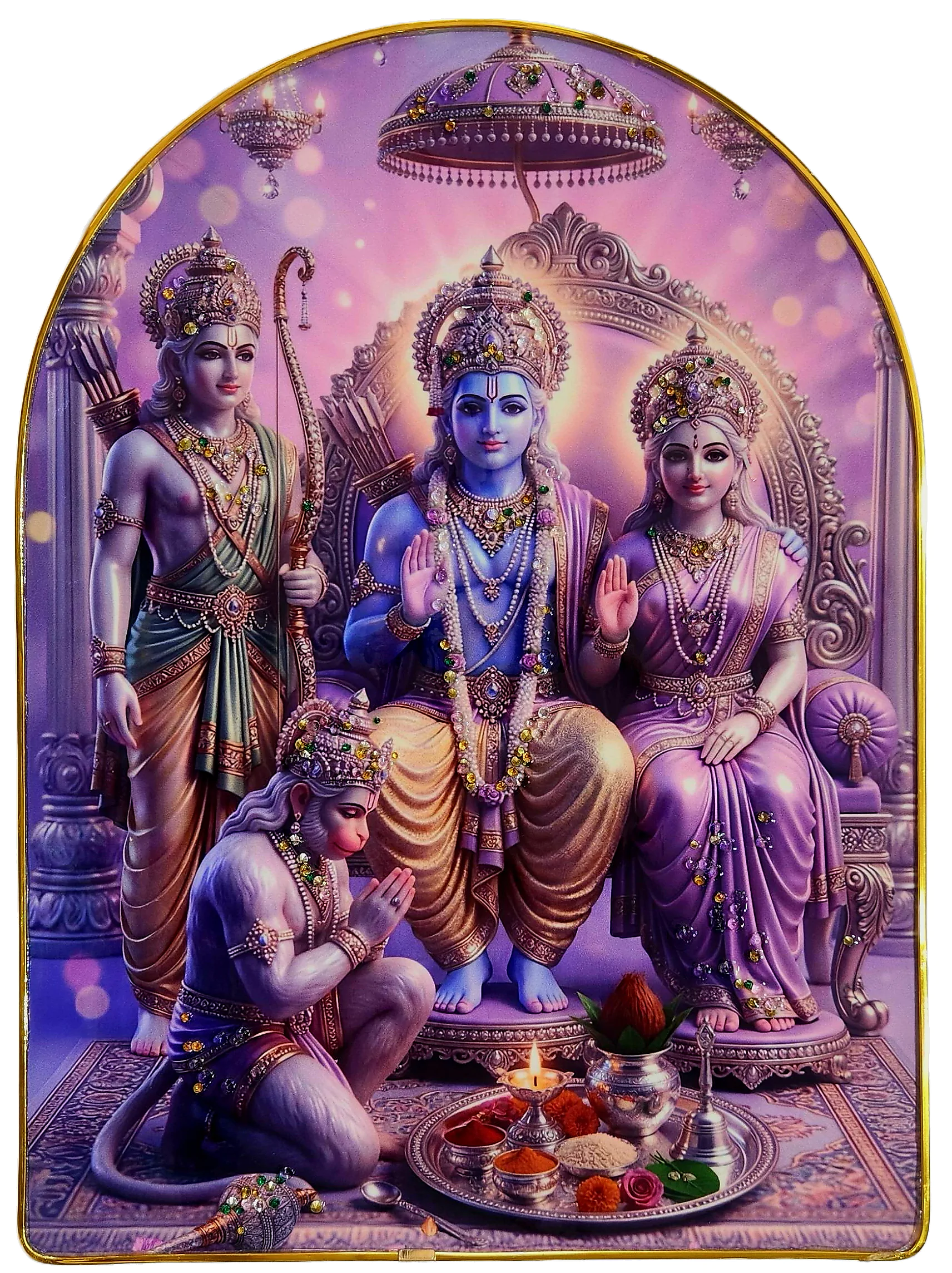 Epoxy Glossy Crystal Ram Darbar Painting with Gold Arch Frame | Lord Ram, Sita Ji, Lakshman & Hanuman Ji Wall Art | Divine Hindu Spiritual Decor for Home, Temple & Office | Ready to Hang  |  12 x 16 Inches (Top Curved)