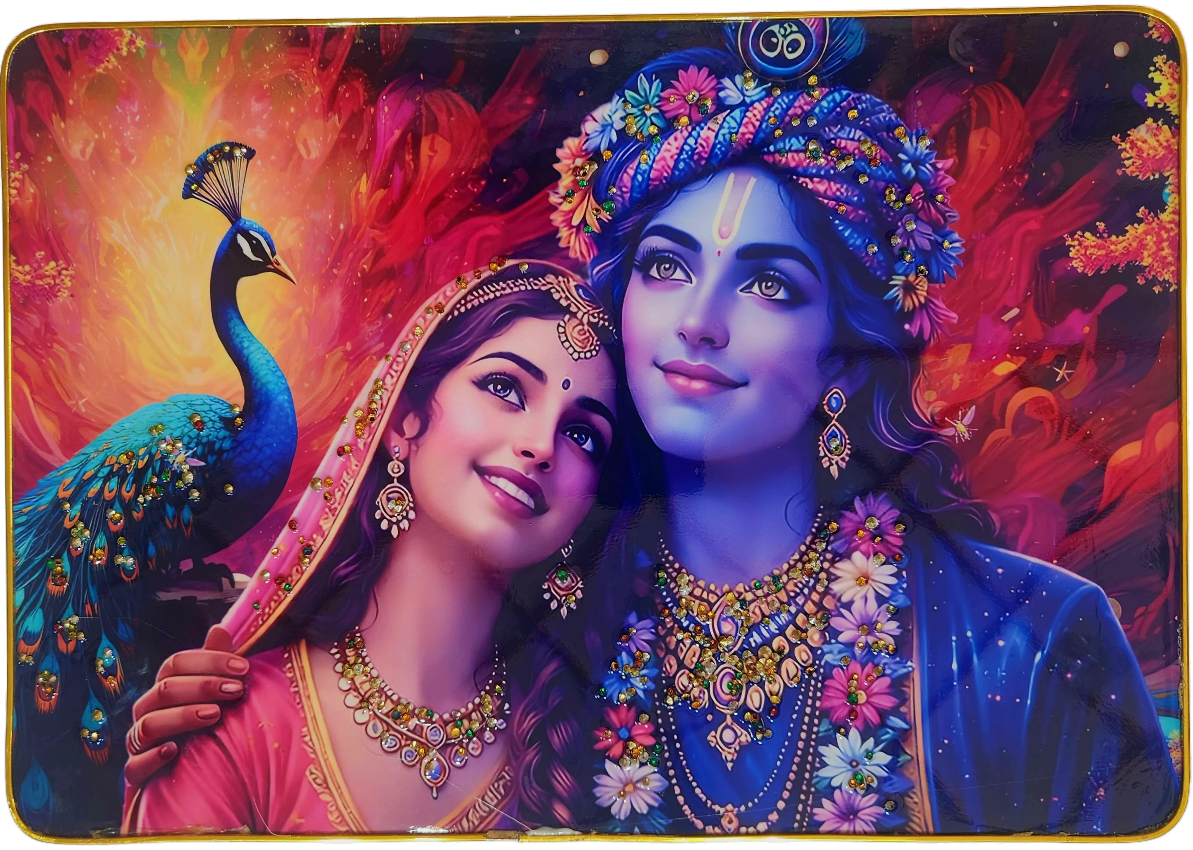 Epoxy Glossy Crystal Radha Krishna Painting with Gold Slim Frame | Divine Krishna & Radha Ji Romantic Spiritual Wall Art | Indian Traditional Décor for Home, Temple & Living Room | Ready to Hang | 18 x 12 Inches