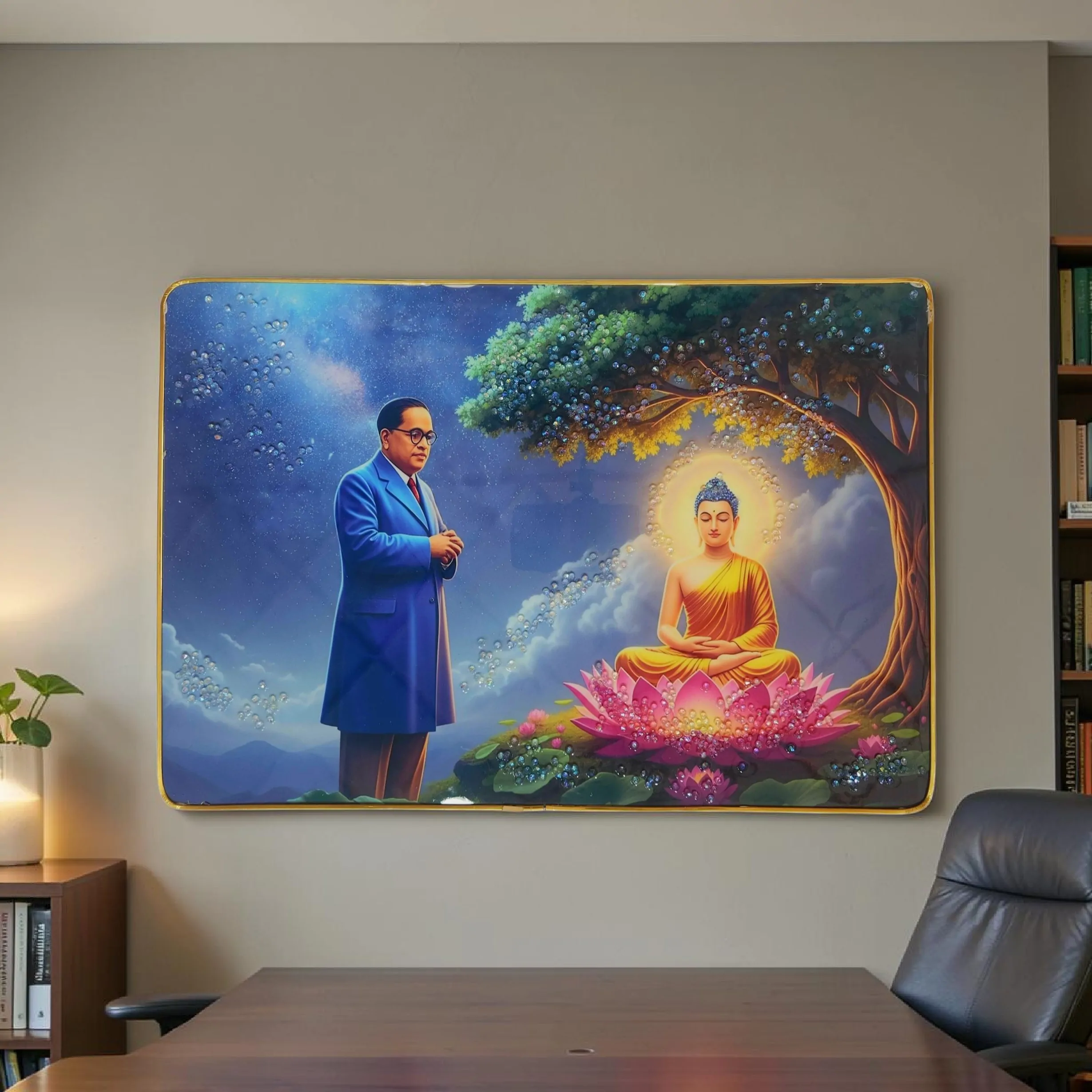 Premium Epoxy Glossy Crystal Dr. B. R. Ambedkar & Gautama Buddha Painting with Gold Slim Frame | Inspirational Wall Art for Home, Office & Study | Ready to Hang | 18 x 12 Inches - Image 4