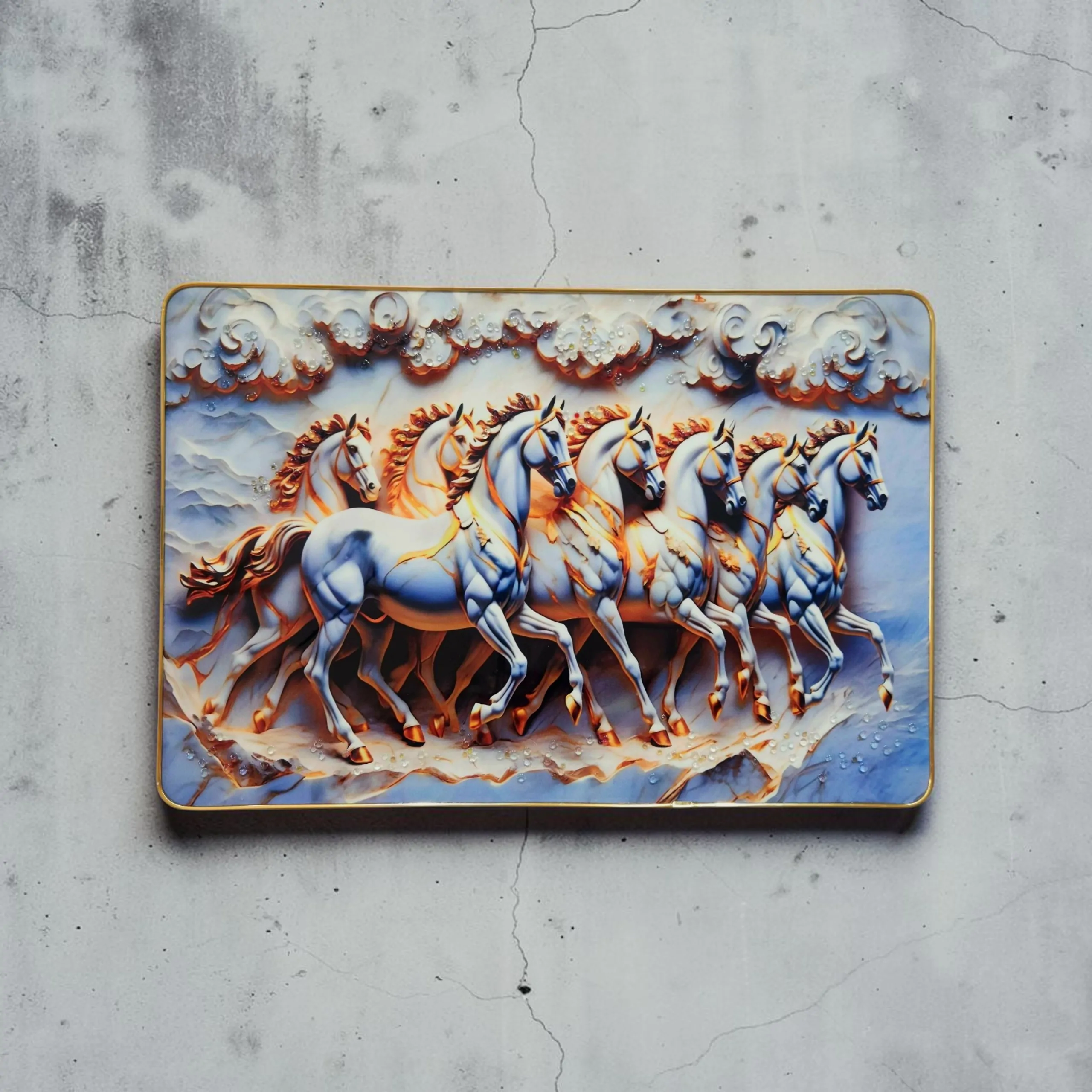 Premium Epoxy Glossy Crystal Seven White Horses Painting with Gold Slim Frame | Running Horses Wall Art for Home, Office & Living Room | Ready to Hang| 18 x 12 Inches - Image 5