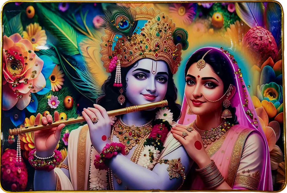 Premium Radha Krishna Crystal Wall Painting with Epoxy Gloss Finish & Gold Slim Frame | Embossed HD Wall Art for Living Room, Bedroom & Home Décor | 18 x 12 Inch - Image 4